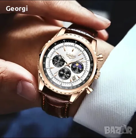 Мъжки класически, луксозен хронограф LIGE *Елегант* Аристократично златист металик !, снимка 4 - Мъжки - 49621415