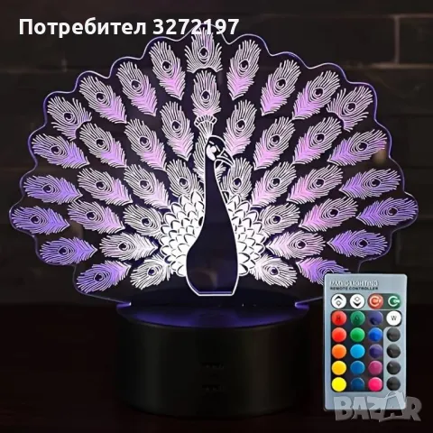 Холограмна 3D LED лампа Паун-дистанционно управление 16 цвята+други режими на управление, снимка 2 - Настолни лампи - 49577890