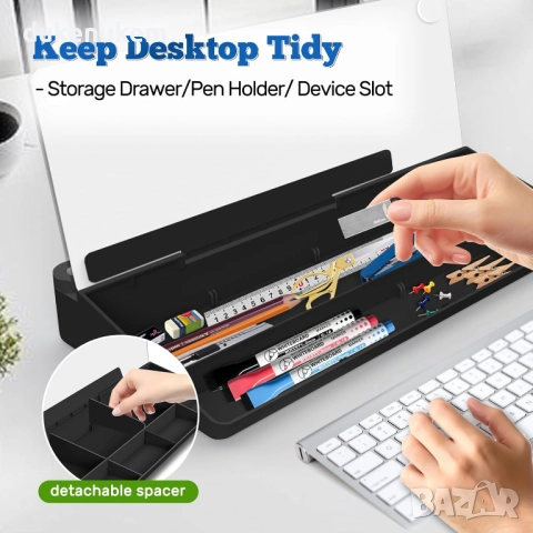 Стъклена дъска за бюро с органайзер, бяла, с маркери и чекмедже за офис и home office, снимка 4 - Други стоки за дома - 52638147