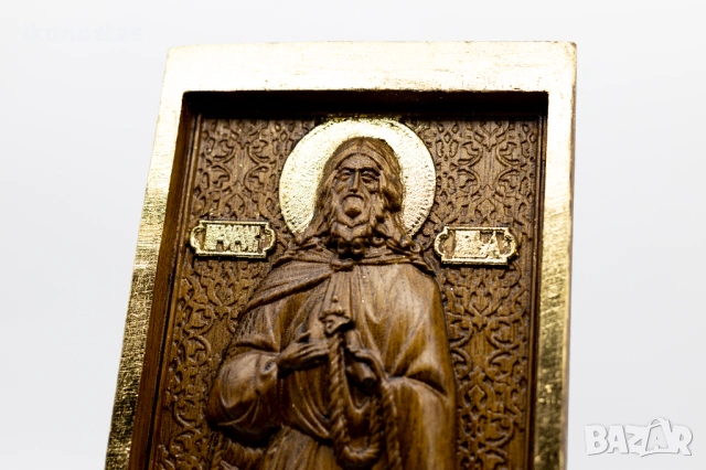 Позлатена икона на пророк Илия от масивен дъб с детайли от злато, снимка 7 - Икони - 53224822