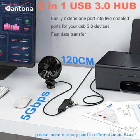 TSUPY Multi USB HUB, 5-в-1, SD и Micro SD четец, 3 USB 3.0 порта - 120 см кабел, снимка 5 - Други - 40210568