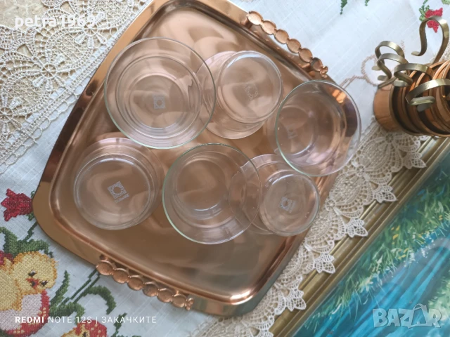 Комплект 6 чаши от боросиликатно стъкло, с медни подстакани И меден поднос, снимка 11 - Сервизи - 51064198