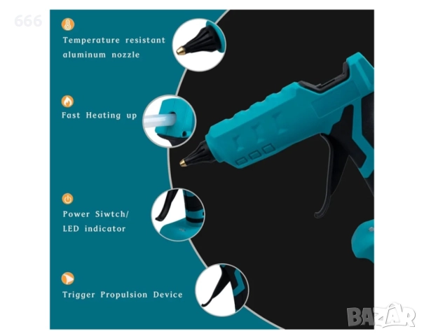 Безжичен пистолет за горещо лепене, съвместим с батерия Makita 18V, снимка 6 - Други инструменти - 52586285
