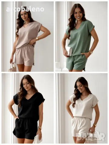 Дамски комплект от две части с къс ръкав и шорти, 4цвята 