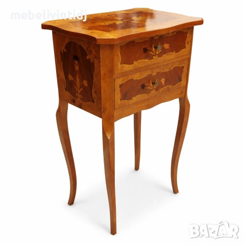 Антикварна нощна масичка в стил Луи XV с интарзия , снимка 2 - Шкафове - 53599395