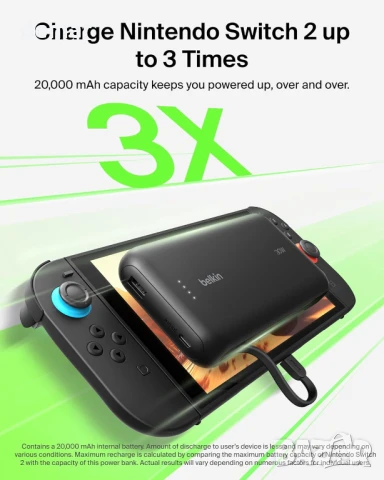 Belkin външна батерия за Nintendo Switch 2, 30W USB-C кабел 20000 mAh, снимка 2 - Външни батерии - 51298432