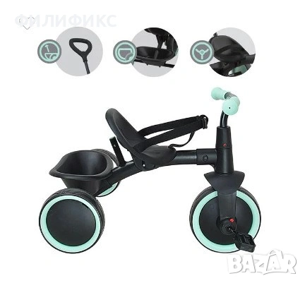 Детска триколка 2 в 1 – защитен колан, черно и мента – детска вело триколка – НОВА, снимка 5 - Детски велосипеди, триколки и коли - 53054154