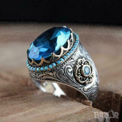 Мъжки пръстен с аквамарин и циркони, снимка 4 - Пръстени - 31539590