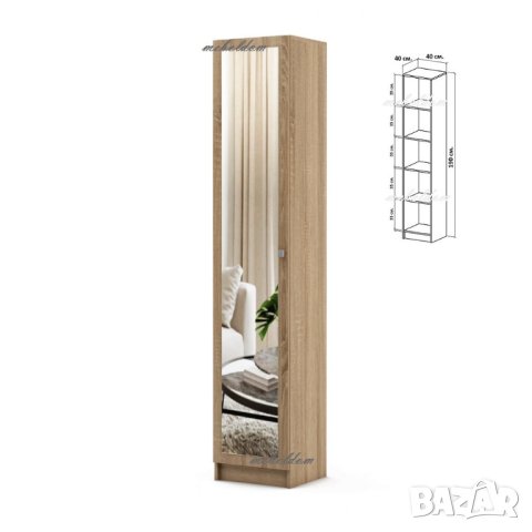 Гардероб еднокрилен с 4 рафта и огледало(код-4614), снимка 2 - Гардероби - 40776605