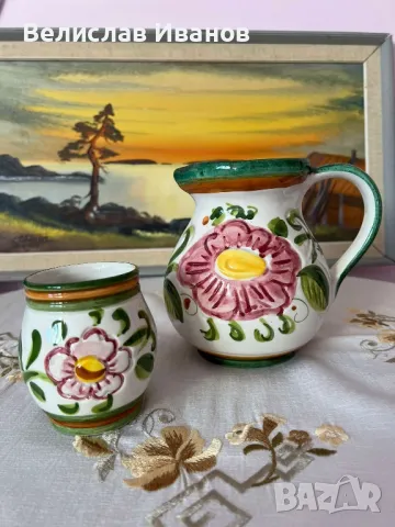 Керамична стомна и чаша. Италия. Ръчно подписани и рисувани