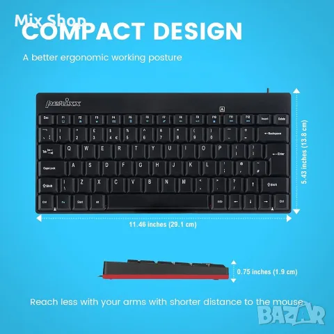 Нова Жична мини клавиатура Perixx PERIBOARD-422 с USB-C и конектор USB Type-C, снимка 3 - Друга електроника - 55803812
