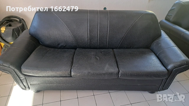 Черна кожена холова гарнитура, снимка 3 - Дивани и мека мебел - 53535412