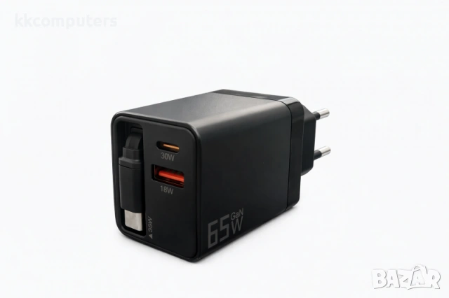 Зарядно/Адаптер HJPD 65W Gan 220V / PD 65W / PD 30 W / USB 18W /+ кабел Type-C / Черен Баркод : 4566