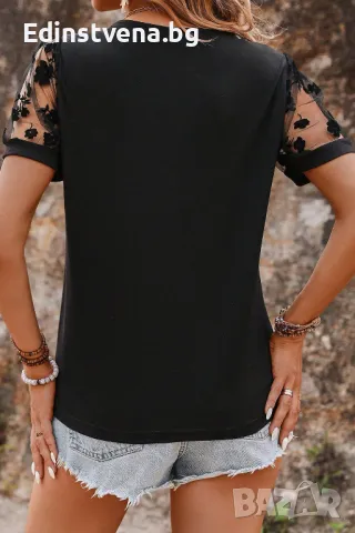 Дамска блуза в черно с детайли от флорален тюл, снимка 2 - Други - 50081862