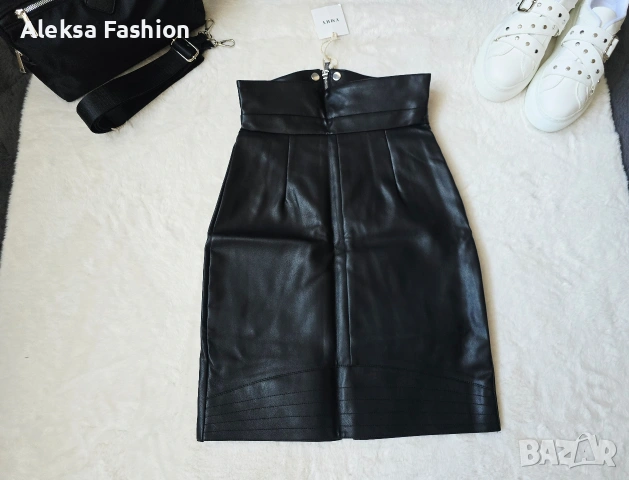 Кожена пола с висока талия , снимка 4 - Поли - 47560199