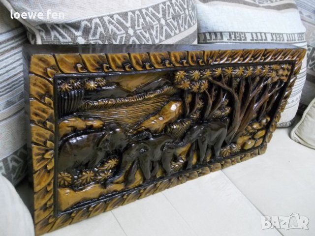 Ръчна Дърворезба Абаносово Дърво Слонове Слон - 61 см на 29,5 см ! Пано Картина !, снимка 2 - Картини - 39910521