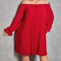 Красива елегантна разкроена рокля/туника с отворени рамена тип солей в червено, снимка 2 - Рокли - 39675299