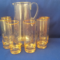 Калиево стъкло, 6 чашш, кана, гравюра, снимка 1 - Антикварни и старинни предмети - 36161987