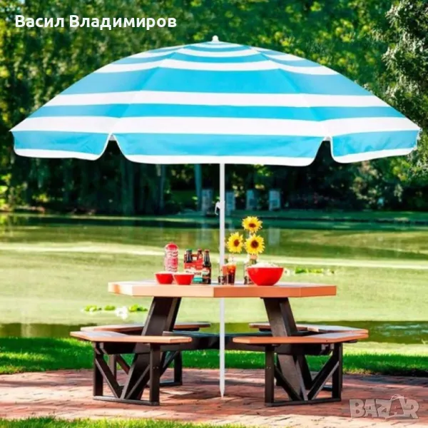 Плажен чадър с наклон, син, райе, 165 см, снимка 1