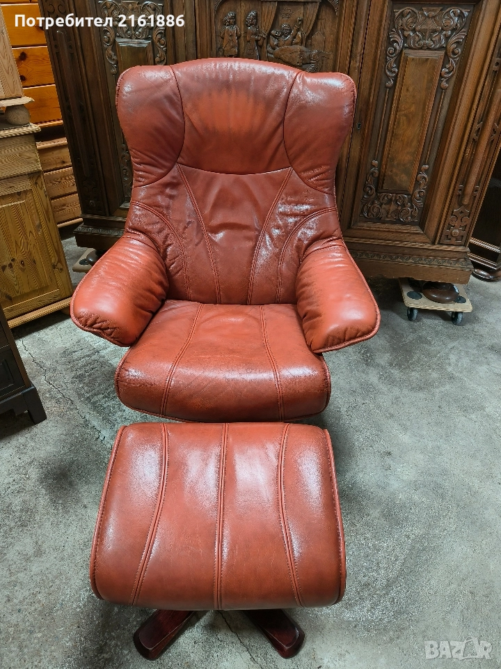 Кресло с отоманка от естествена кожа , снимка 1