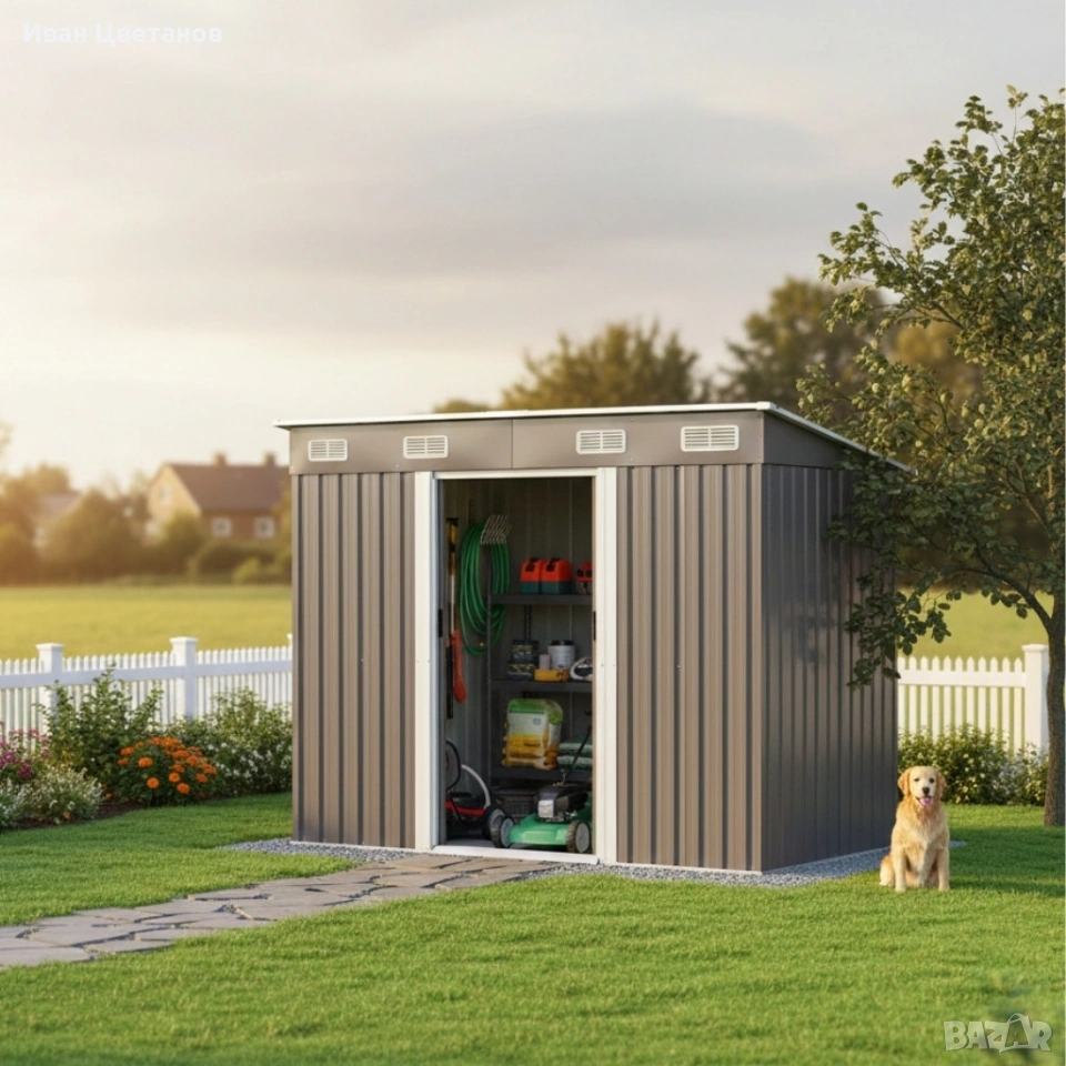 Метална градинска къща за инструменти с вентилация и заключване, снимка 1