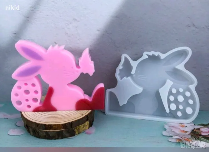 Заек зайче с кацнала пеперуда и яйце Великденски силиконов молд форма смола шоколад гипс декор пано, снимка 1