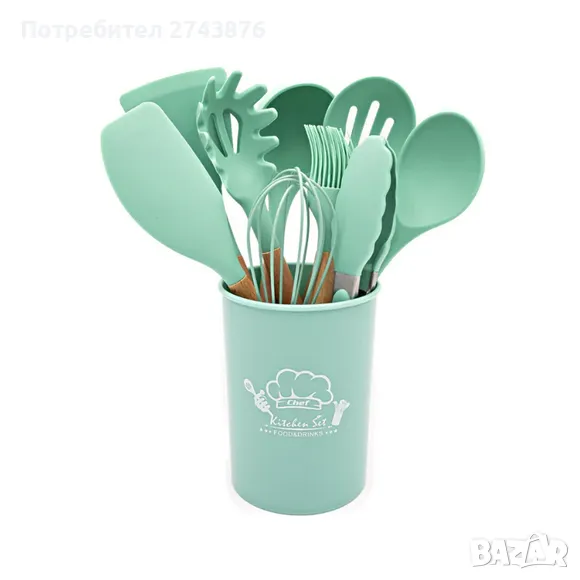 Комплект Силиконови прибори за Готвене 12 части с поставка, Силикон и дърво , Мента, снимка 1