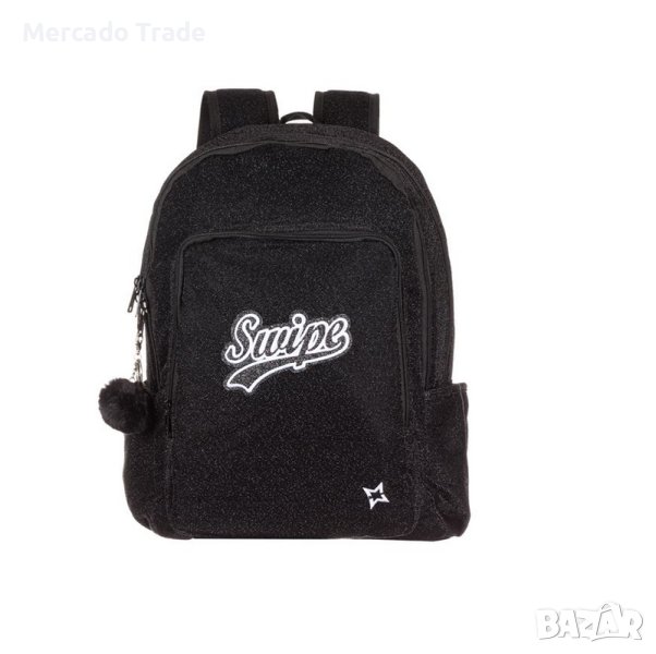 Ученическа раница Mercado Trade, За момичета, Черен блясък, С ключодържател Pon Pon, снимка 1