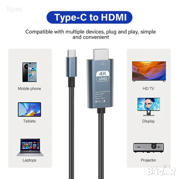 4К Hdmi кабел за телефон или таблет с USB C, 2 метра., снимка 1