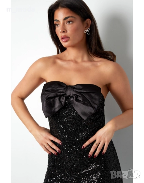 Дамска официална черна блестяща рокля с панделка, снимка 1
