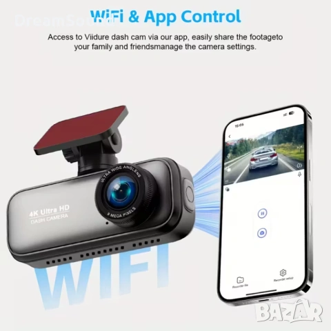 4K Видеорегистратор (Dash Cam) с Wi-Fi | Нощно виждане, Паркинг режим, снимка 3 - Аксесоари и консумативи - 53601336