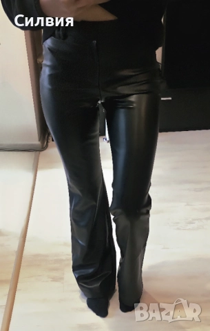 Чисто нов дамски черен лъскав кожен панталон "Zara" / "Зара", размер S, снимка 2 - Панталони - 52409408