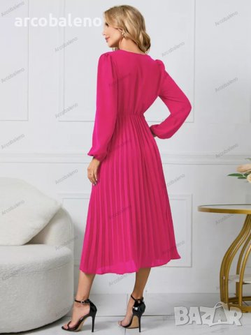 Дамска рокля с дълъг ръкав с тънък плисиран колан с V-образно деколте и пола с A-силует, 4цвята , снимка 12 - Рокли - 39147866