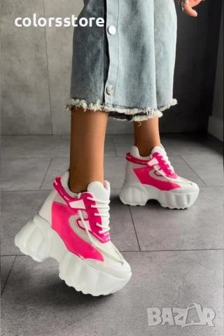 Кецове на платформа - бяло с циклама - PA300 