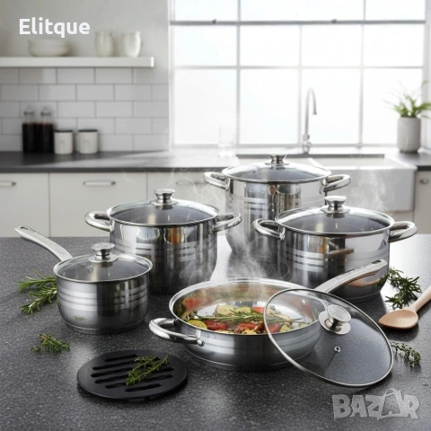 Комплект съдове за готвене 12 части Cheffinger, с индукционно дъно и стъклени капаци , снимка 6 - Други - 53178995