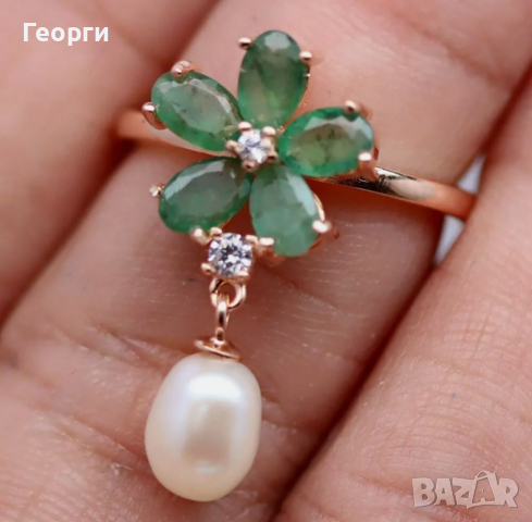 Уникален дамски сребърен пръстен със Смарагди,бял Топаз и бяла перла, снимка 3 - Пръстени - 36439266