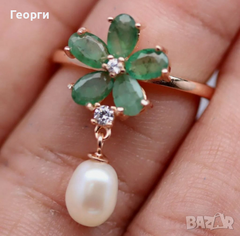 Уникален дамски сребърен пръстен със Смарагди,бял Топаз и бяла перла, снимка 3 - Пръстени - 36439266