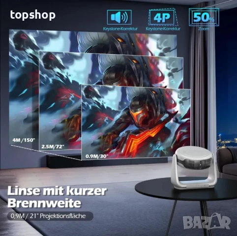 Нов, пълен комплект с мека чанта 4K проектор НА БЪЛГАРСКИ с батерия и Андроид EUARY. Авто фокус..., снимка 6 - Плейъри, домашно кино, прожектори - 50525750