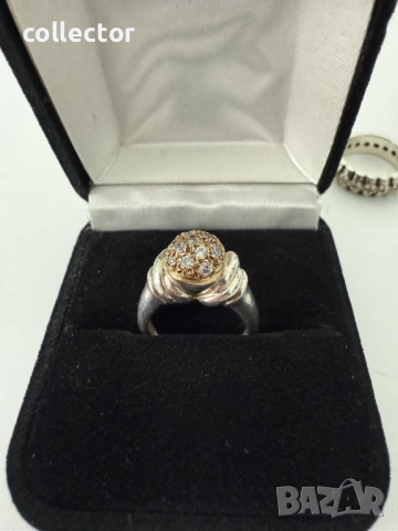 Дизайнерски сребърен пръстен с злато и сваровски. №7635, снимка 3 - Пръстени - 52502163