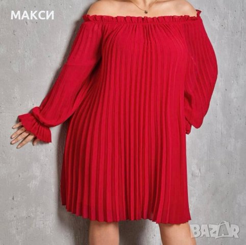 Красива елегантна разкроена рокля/туника с отворени рамена тип солей в червено, снимка 2 - Рокли - 39675299
