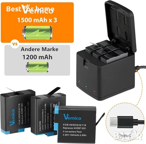Комплект зарядни устройства Vemico Hero 8 и  3 броя батерии, 1500 mAh, снимка 3 - Батерии, зарядни - 50746250