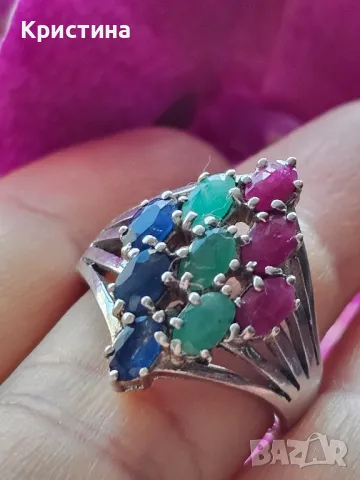 Сребърен пръстен със Сапфири, Рубини и Смарагди