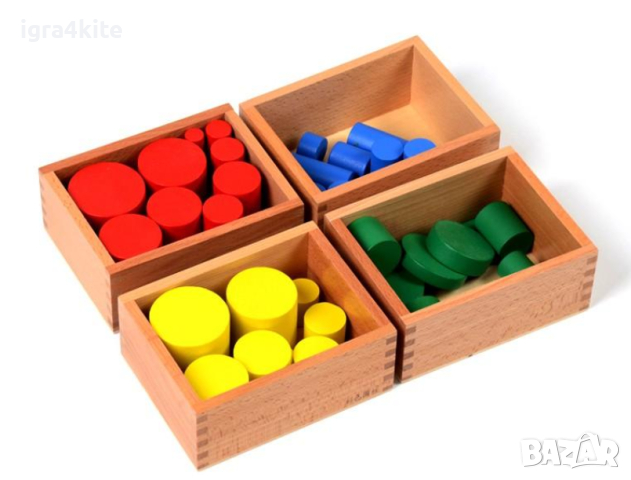 Промо! Монтесори дървени цветни цилиндри 40бр.в 4 кутии + 40бр. цилиндри с дръжки, снимка 9 - Образователни игри - 44595532
