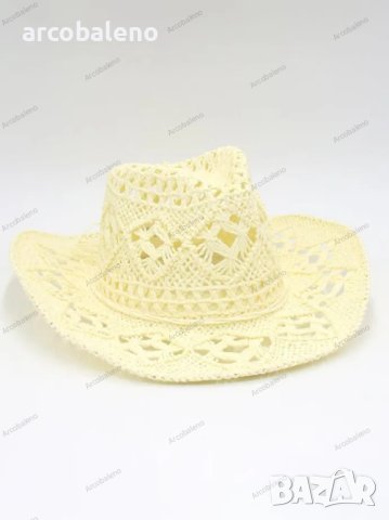 Ръчно плетена каубойска сламена шапка с повдигната периферия, 5цвята , снимка 8 - Шапки - 44447938