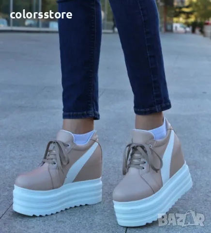 Кецове на платформа - бежови с бяла лента - SJN56, снимка 2 - Кецове - 34300263