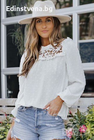 Дамска елегантна блуза в бяло с принт на точки и ефектно бродирано деколте, снимка 4 - Блузи с дълъг ръкав и пуловери - 39890805