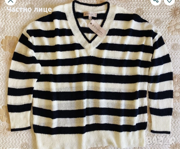 Нов Дамски Пуловер с V-образно Деколте на Райе Черно/Бяло, снимка 2 - Блузи с дълъг ръкав и пуловери - 53860884