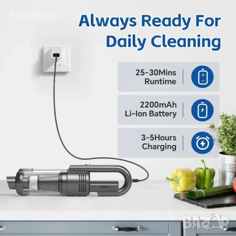 Безжична прахосмукачка за кола или дома с вградена LED лампа, 2200 mAh, USB type C, снимка 2 - Прахосмукачки - 50501479