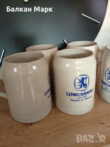 🔥 Ретро класика от Мюнхен! 5 бр. оригинални немски глинени халби Löwenbräu (West Germany),нови, снимка 2 - Чаши - 55726017