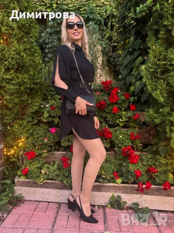 Дамска черна сатен памук рокля риза с колан и отворени ръкави , снимка 10 - Рокли - 49522099